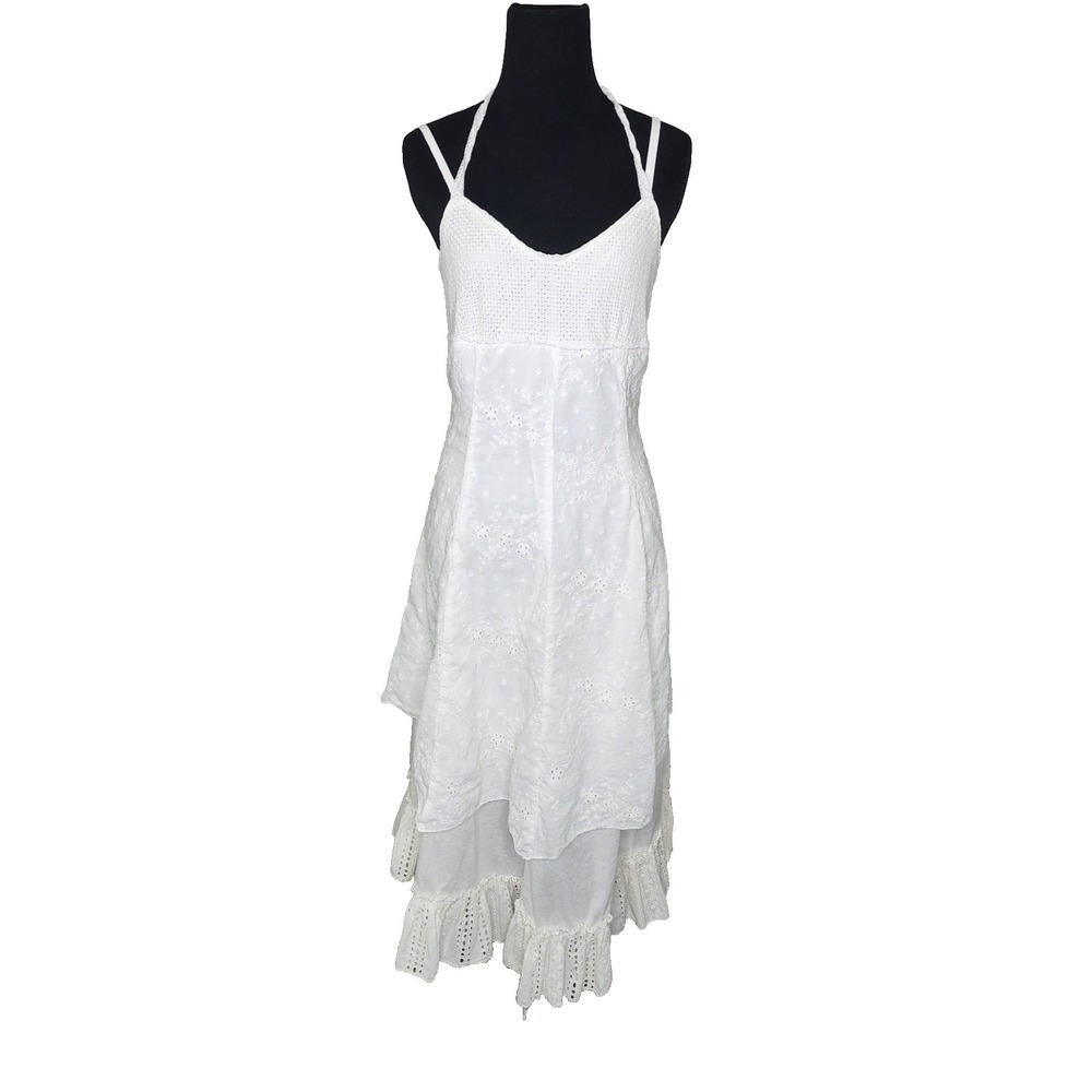 Womens White Cotton Floral Lace Tiered Lined Eyelet Midi Dress L-XL Wedding Fair - Picture 2 of 15